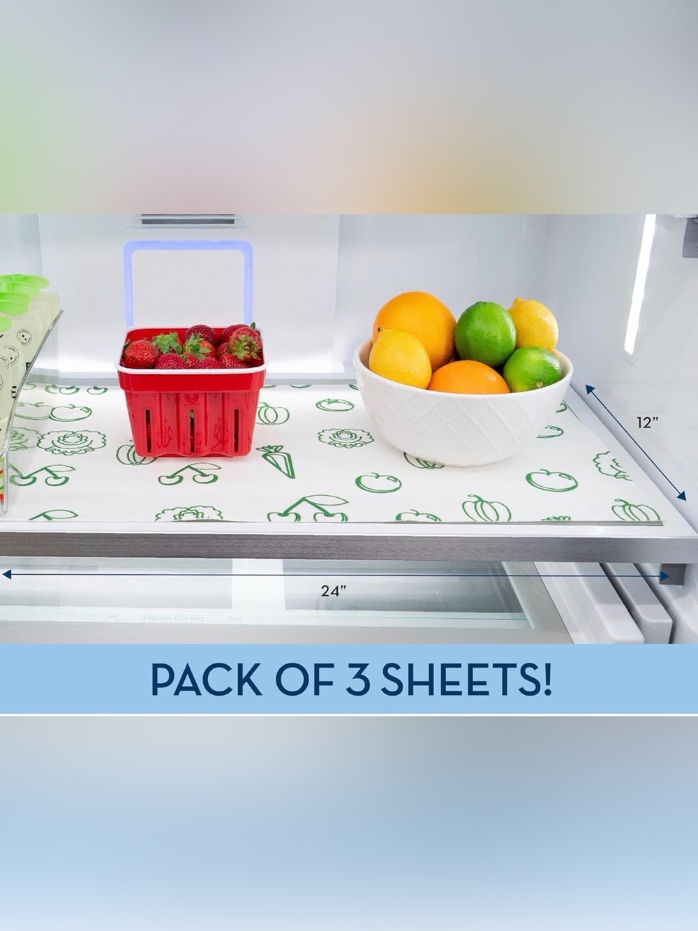 🫑Set of 3 Fridge Bin Liners by Envision Home🫑 veggie print ~12x24 🆕